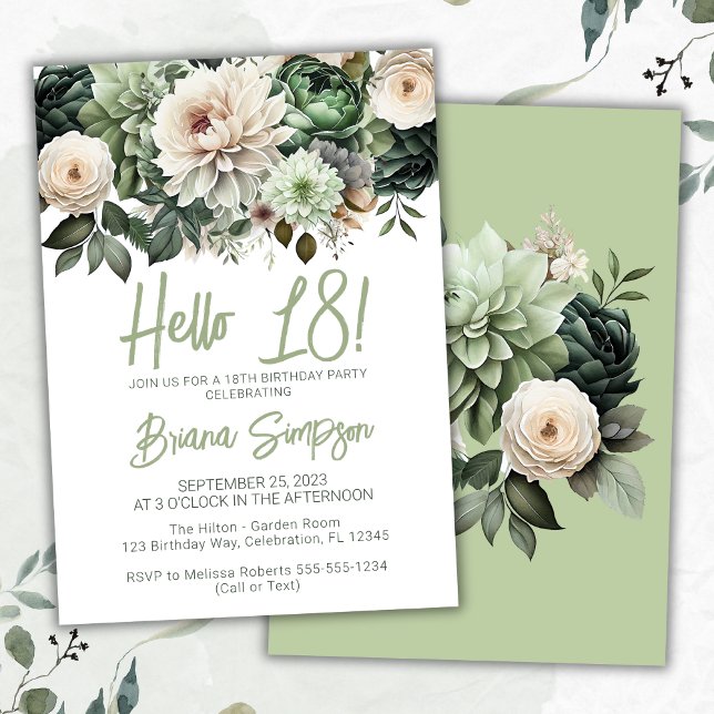 18th Birthday Party Sage Green Floral Invitation (Creator Uploaded)