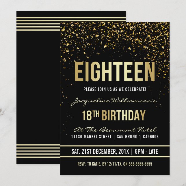 18th Birthday Party | Shimmering Gold Confetti Invitation (Front/Back)