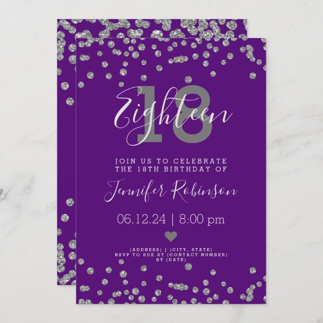 18th Birthday Party Silver Glitter Confetti Purple Invitation (Front/Back)