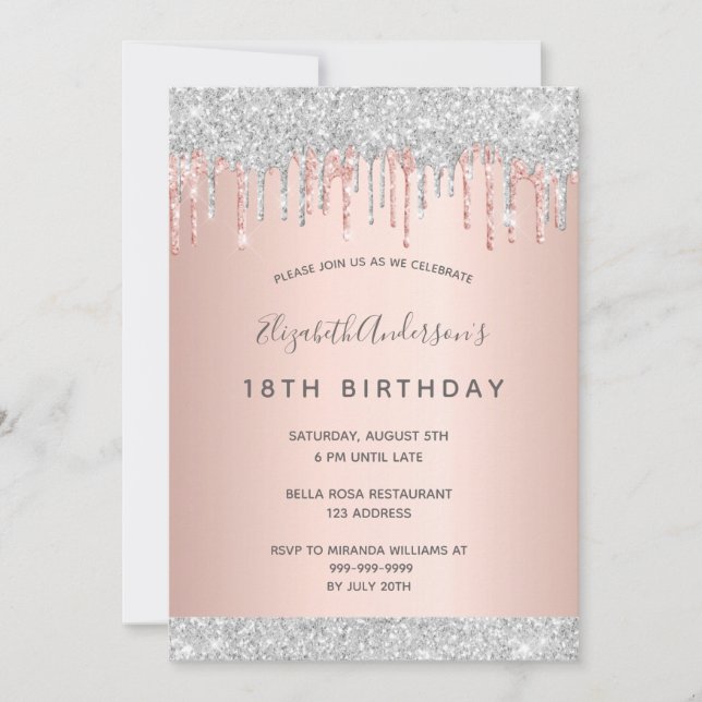 18th birthday party silver glitter pink rose gold invitation (Front)