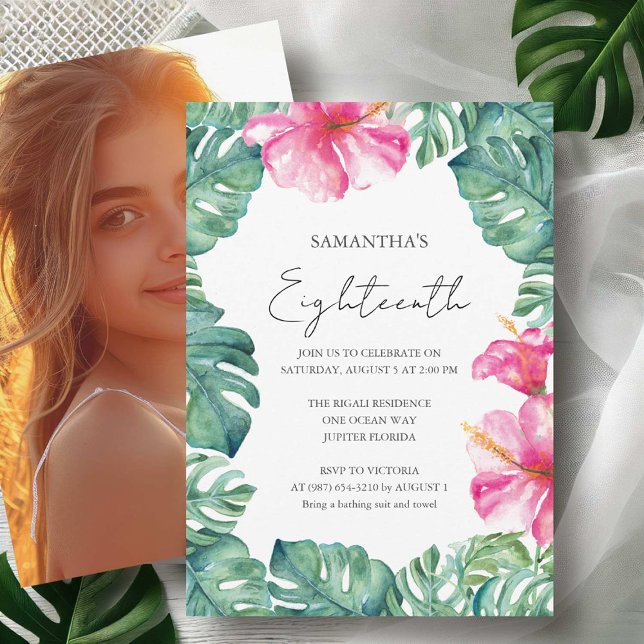 18th Birthday Party Tropical Aloha Theme Invitation (Eighteenth birthday invitations with photo watercolor pink flowers & palm leaf Victoria Grigaliunas)