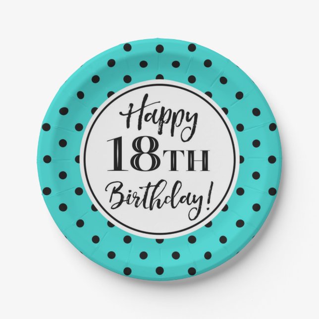 18th Birthday Party Turquoise White Black Dots Paper Plate (Front)
