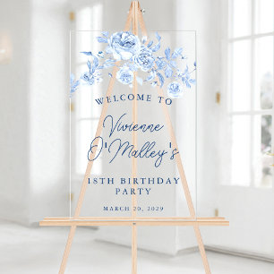 18th Birthday Party Welcome Blue Rose Floral Acrylic Sign