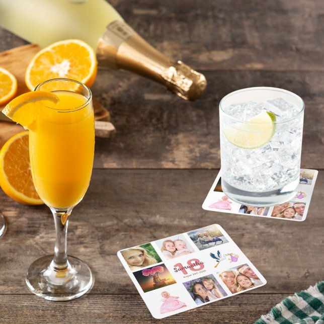 18th birthday party white name photo collage square paper coaster (Creator Uploaded)