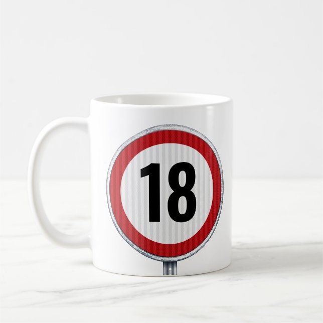 18th birthday pattern with circular road sign coffee mug (Left)