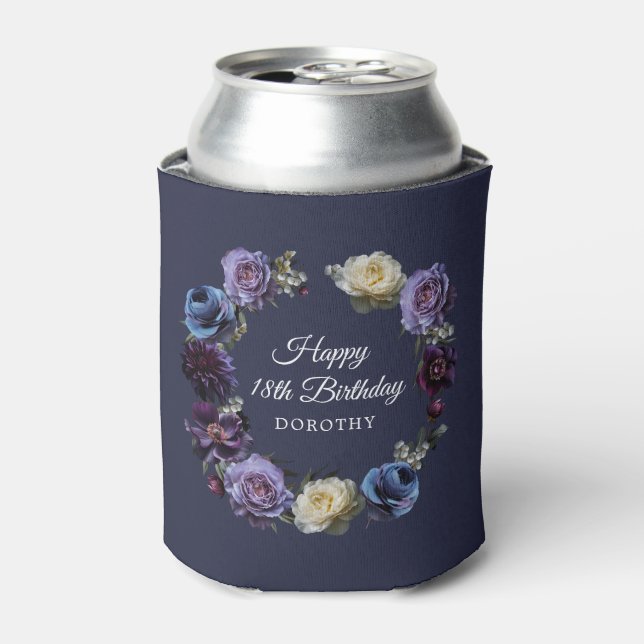 18th Birthday Personalised Moody Purple Flower Can Cooler (Can Front)