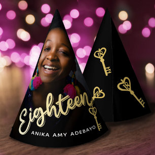 18th birthday personalised photo key to the door party hat