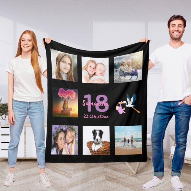 18th birthday photo collage girl black fleece blanket (Creator Uploaded)