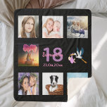 18th birthday photo collage girl black sherpa blanket<br><div class="desc">A gift for a girl's 18th birthday,  celebrating her life with a collage of 8 of your photos.  Templates for a name,  age 18 and a date.  Date of birth or the date of the anniversary.  Pink and purple coloured letters.  Black coloured background.</div>