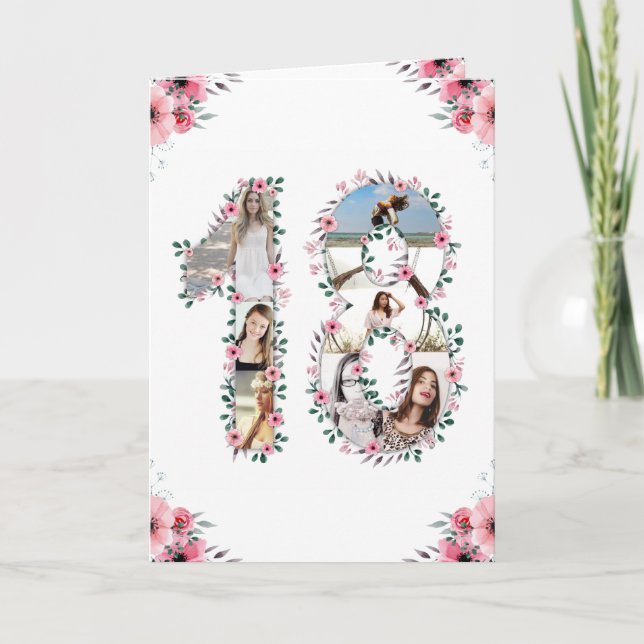 18th Birthday Photo Collage Girl Pink Flower White Card (Front)