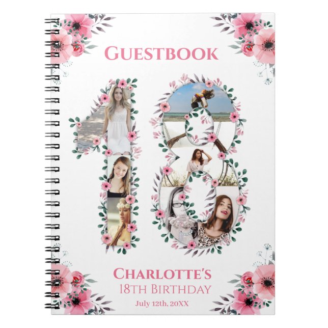 18th Birthday Photo Collage Pink Flower Guest Book (Front)