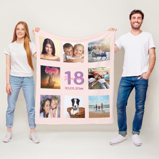 18th birthday photo collage rose gold pink fleece blanket (In Situ)