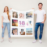 18th birthday photo collage white name fleece blanket<br><div class="desc">A gift for a girl's 18th birthday,  celebrating her life with a collage of 8 of your photos.  Templates for a name,  age 18 and a date.  Date of birth or the date of the anniversary.  Pink and purple coloured letters.  White coloured background.</div>