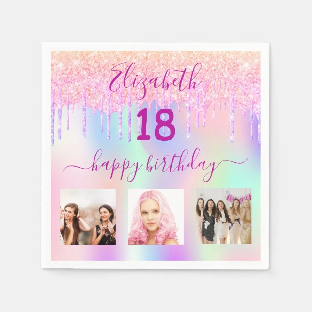 18th birthday photo glitter rainbow holographic napkin (Front)