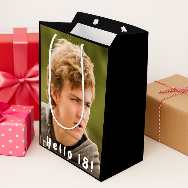 18th birthday photo hello 18 boy medium gift bag (Creator Uploaded)