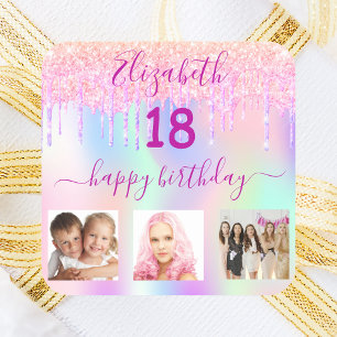 18th birthday photo pink glitter holographic square sticker