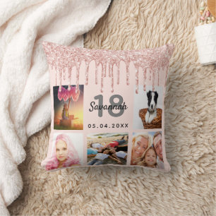 18th birthday photo rose gold glitter blush pink cushion