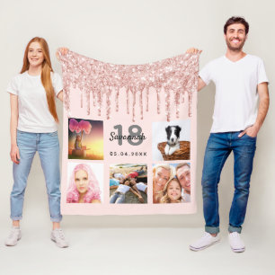 18th birthday photo rose gold glitter blush pink fleece blanket