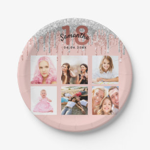 18th birthday photo rose gold glitter pink silver paper plate