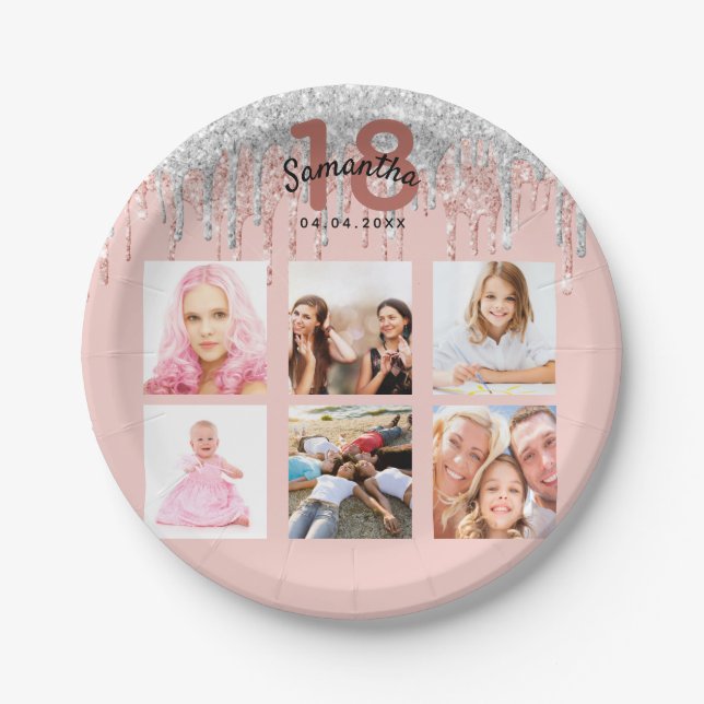 18th birthday photo rose gold glitter pink silver paper plate (Front)