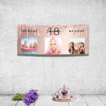 18th birthday photo rose gold glitter sparkle banner<br><div class="desc">For a 18th birthday as a party welcome banner or wall decoration. A collage of 3 of your photos of herself friends, family, interestsor pets. Personalise and add her name, age 18 and a date. Date of birth or the date of the birthday party. A girly rose gold, blush pink...</div>