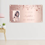 18th birthday photo rose gold pink glittery stars banner<br><div class="desc">A banner for a girly and glamourous 18th birthday party. A faux rose gold metallic looking background with shiny and glittery dripping stars. Personalise and add your own photo, a name written in dark rose gold with a large modern hand lettered style script with swashes. To keep the swashes only...</div>