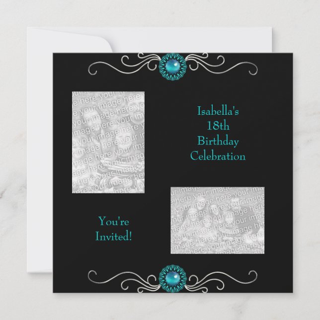 18th Birthday Photos Black Silver Green Blue Jewel Invitation (Front)