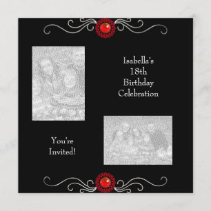 18th Birthday Photos Black Silver Red Jewel Trim Invitation