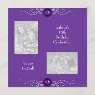 18th Birthday Photos Silver Purple Jewel Invitation