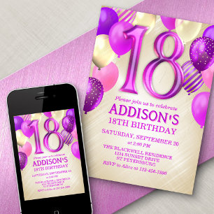 18th Birthday Pink Balloons Invitation