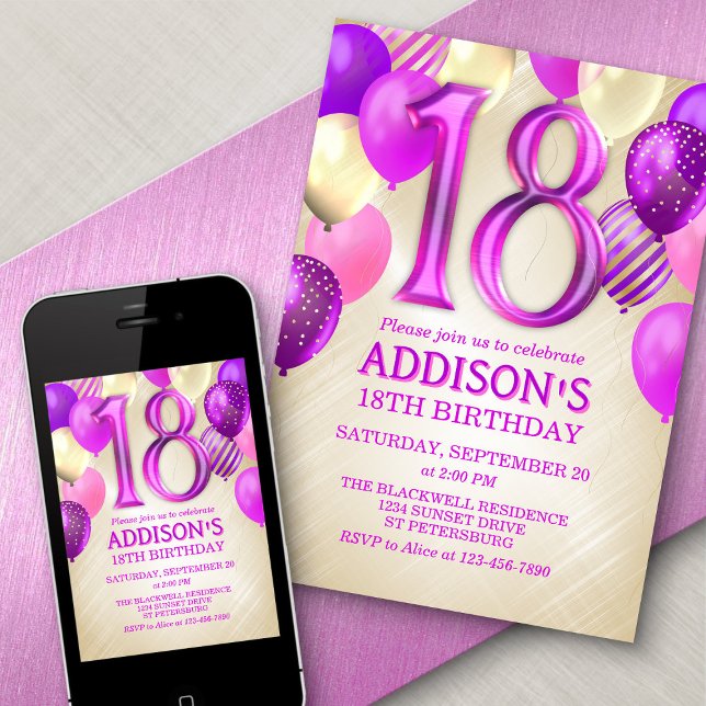18th Birthday Pink Balloons Invitation (Creator Uploaded)