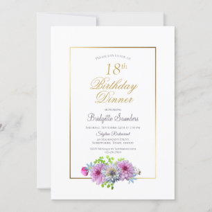 18th Birthday Pink Blue Floral Gold Border Dinner Invitation