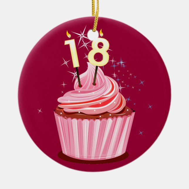 18th Birthday - Pink Cupcake Ceramic Tree Decoration (Front)