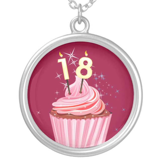 18th Birthday - Pink Cupcake Silver Plated Necklace (Front)