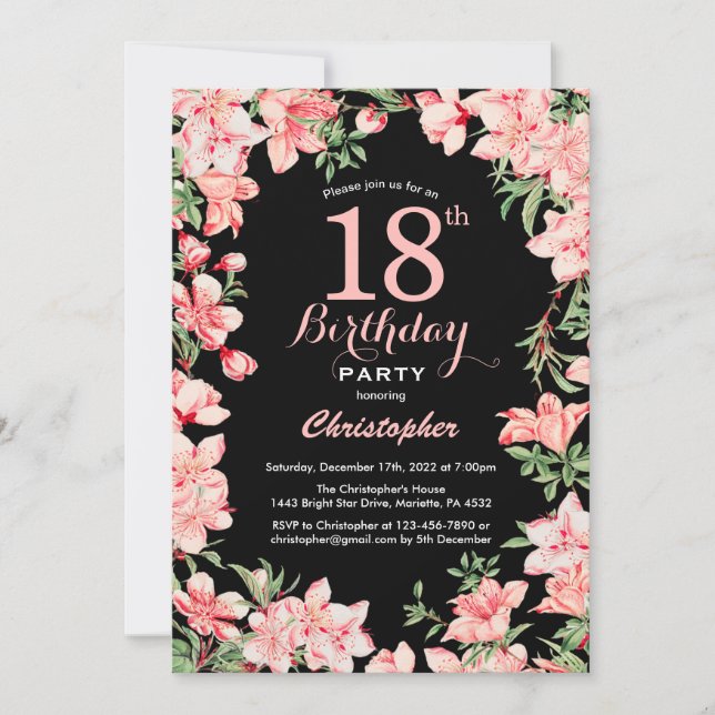 18th Birthday Pink Floral Flowers Black Background Invitation (Front)