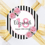18th birthday pink florals black stripes name classic round sticker<br><div class="desc">A sticker for a 18th birthday party. Classic slim black and white vertical stripes as background. With girly and feminine pink roses as decoration. A white and pink frame on front with template for age, name and date. Age number in pink, name and date in black. The name is written...</div>