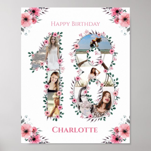 18th Birthday Pink Flower Girl Photo Collage White Poster (Front)