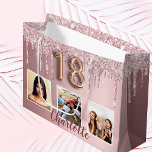 18th birthday pink glitter drips photo monogram large gift bag<br><div class="desc">A gift bag for a girly and glamourous 18th birthday. A pink faux metallic looking background with faux glitter drips, paint dripping look. Personalise and add 3 photos and a name. Number 18 is written with a balloon style font. Perfect as a party favour bag or as a gift bag....</div>