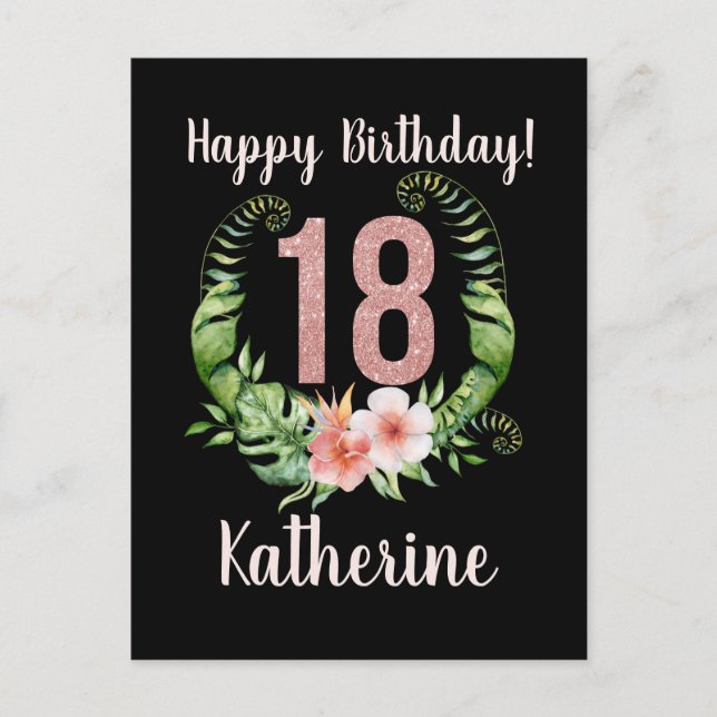 18th Birthday Pink Glitter Floral Name Card (Front)