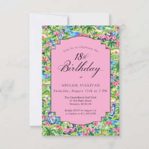 18th Birthday Pink Green Preppy Print Golf Invitation