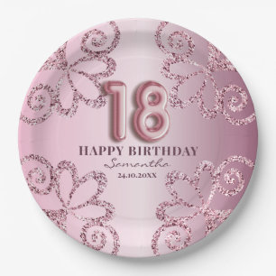 18th Birthday Pink Princess Glitter Balloon Script Paper Plate