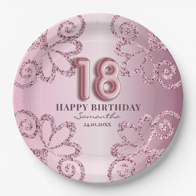 18th Birthday Pink Princess Glitter Balloon Script Paper Plate (Front)