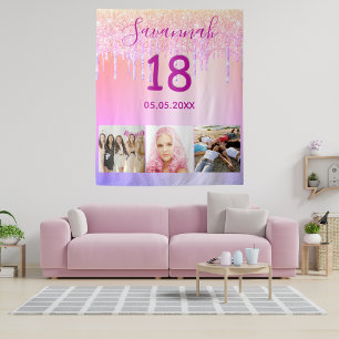 18th birthday pink purple photo glitter drips name tapestry
