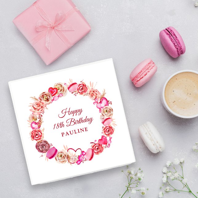 18th Birthday Pink Rose Swirly Heart Valentine's  Napkin (Creator Uploaded)