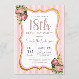 18th Birthday Pink Stripe Floral Gold Glitter Invitation