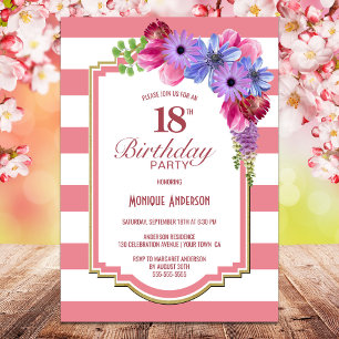 18th Birthday Pink Striped Floral Party Invitation
