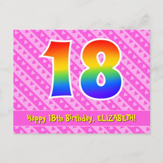 18th Birthday: Pink Stripes & Hearts, Rainbow 18 Postcard (Front)