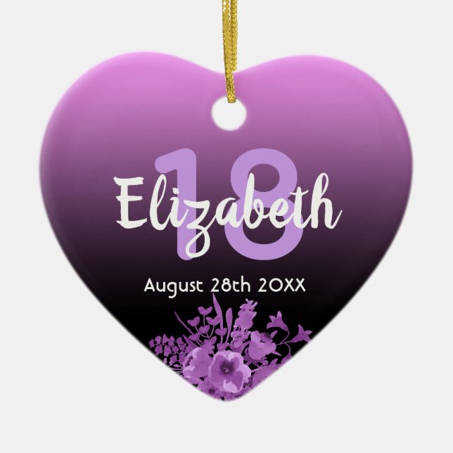 18th birthday purple and black gradient with gold ceramic ornament (Front)