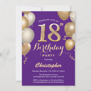 18th Birthday Purple and Gold Balloons Confetti Invitation