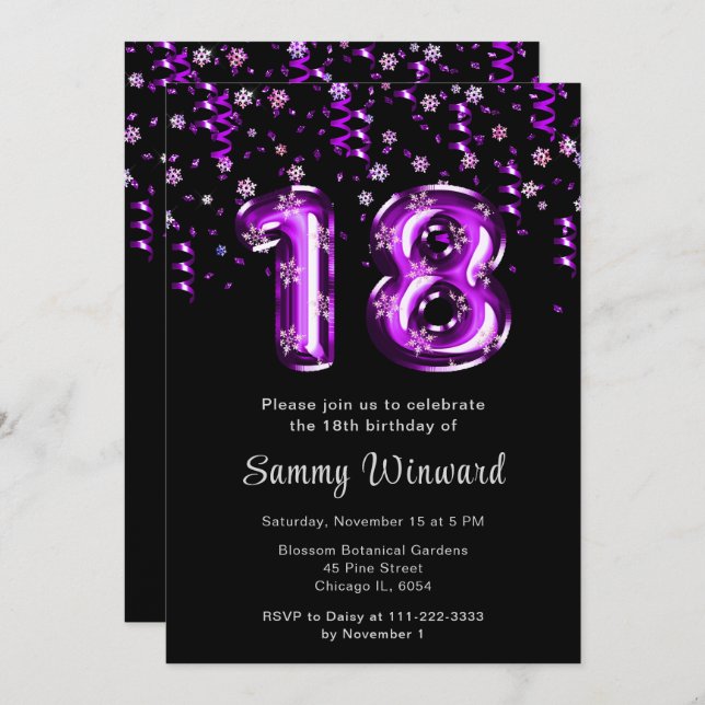 18th Birthday Purple Balloons Snowflake Confetti Invitation (Front/Back)